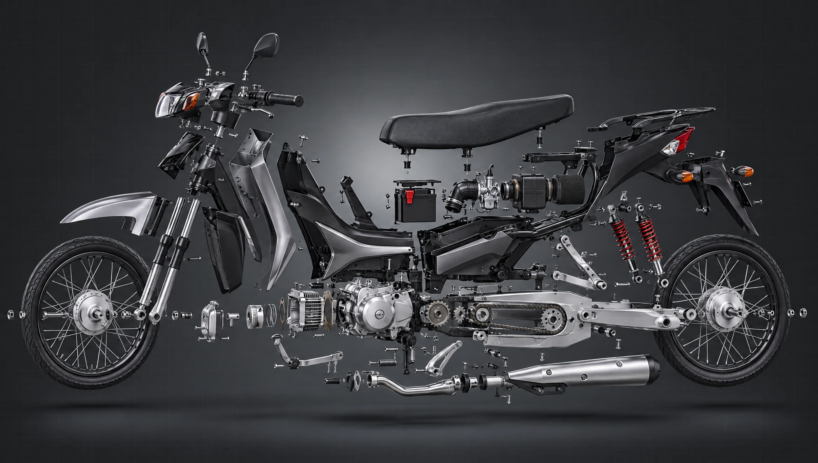 Despiece de una moto semiautomática con sus sistemas separados